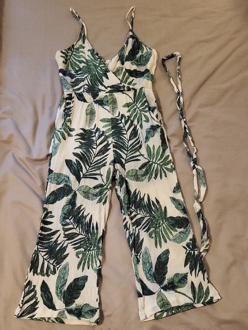 Veronica M White Jumpsuit with Green Leaf Print